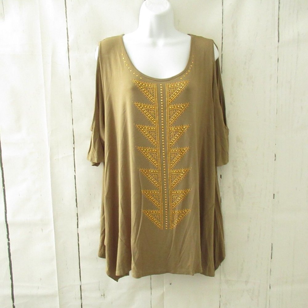Avenue Top 22 24 Green Studded Short Sleeve Plus Size Western Boho Festival